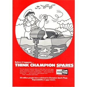 1971 Champion Spark Plugs Toledo Ohio Vintage Print Ad Outboard Cartoon Wall Art